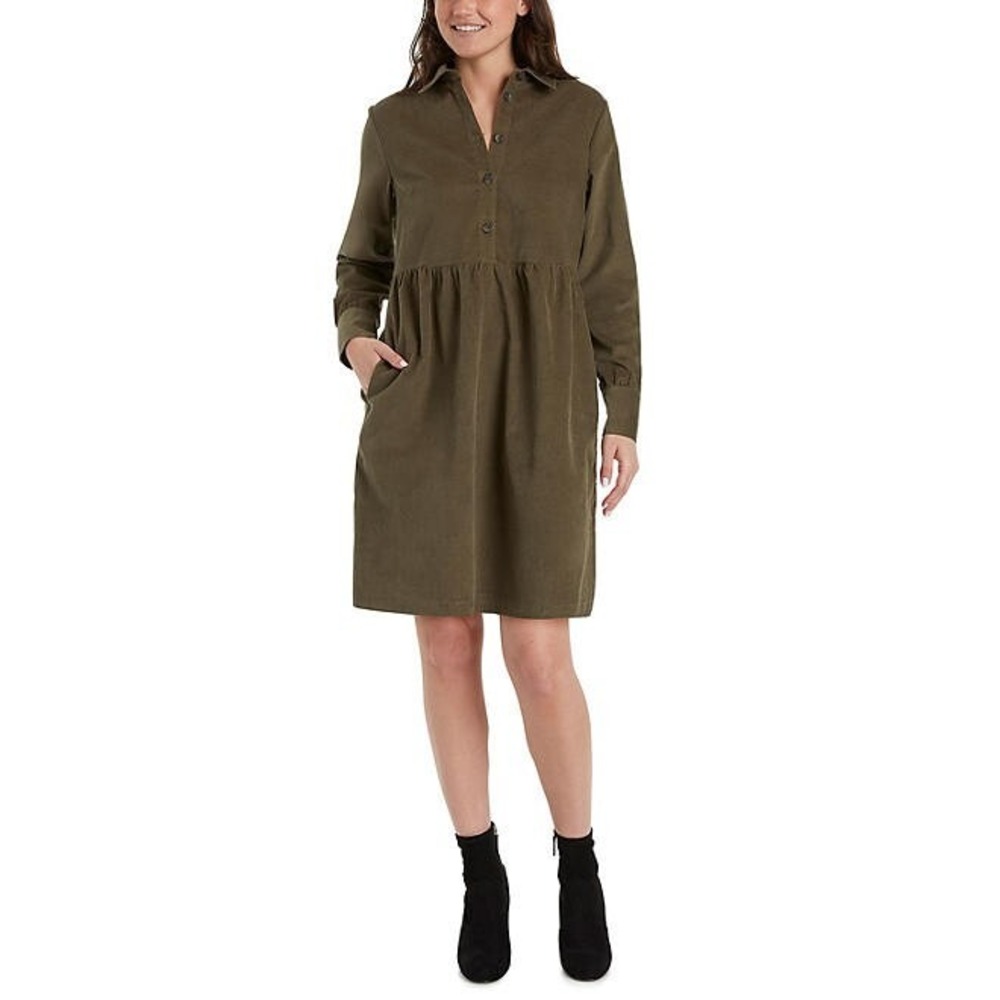 Nine West Jeans Women Grape Leaf Green Cotton Shirt Dress XL Long Sleeve Pocket